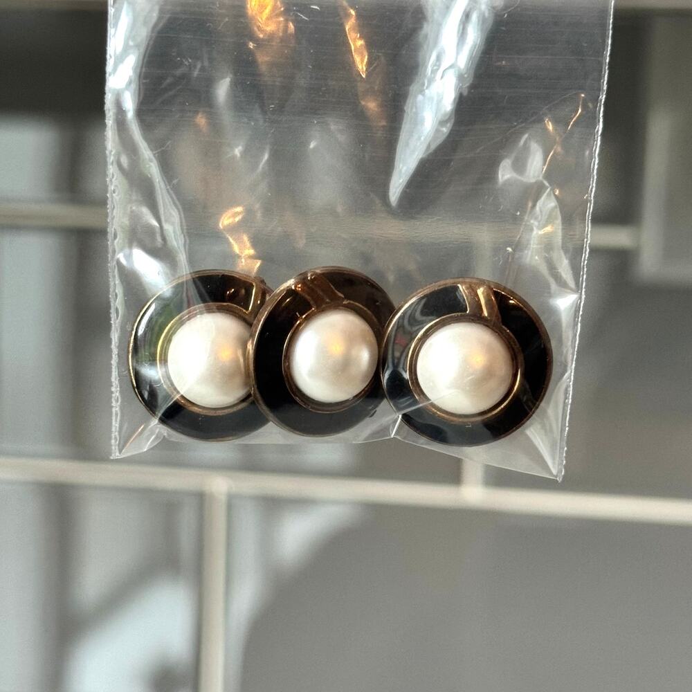 3 Vintage 1980s Black Gold Faux Pearl Round Shank Sewing Buttons Crafting Notion
